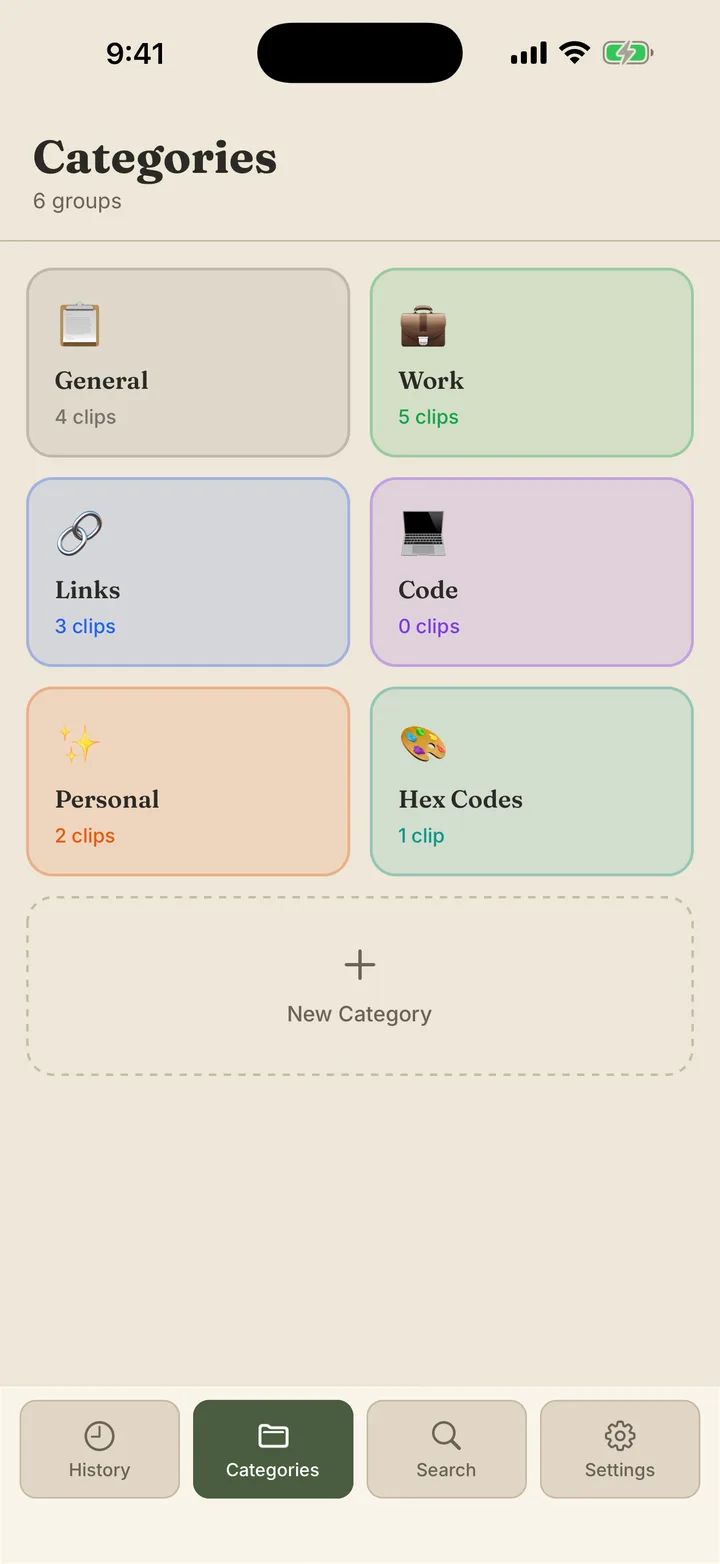 Categories screen — soft pastel tiles, each with an emoji and clip count
