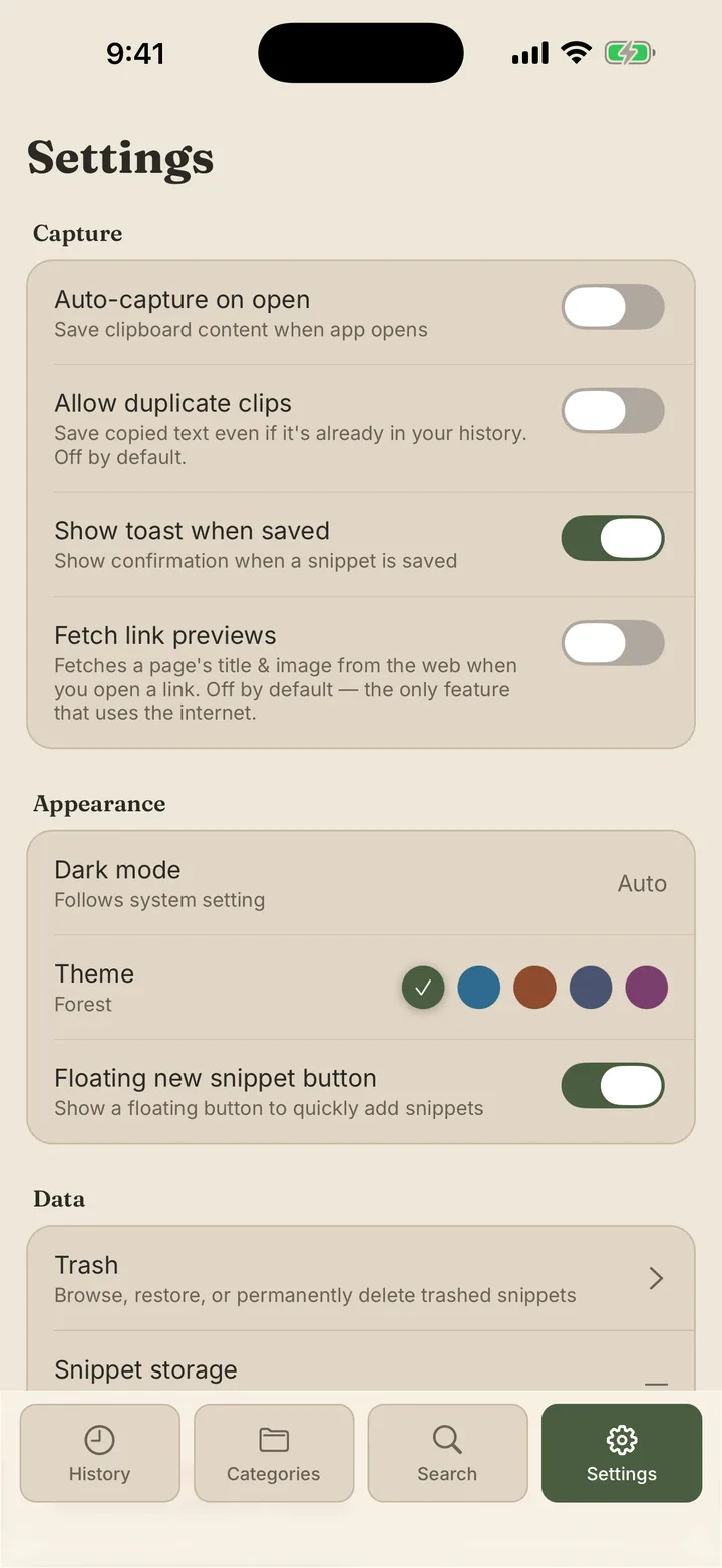 Settings screen — Appearance row with five tappable theme dots