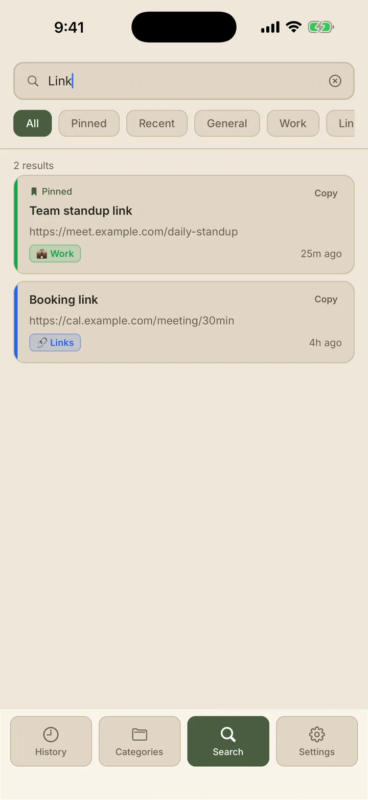 Search screen — query with stacked filter chips and results